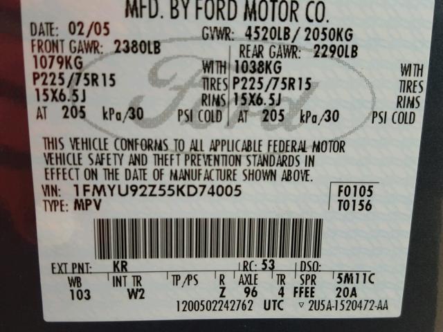 1FMYU92Z55KD74005 - 2005 FORD ESCAPE XLS BLUE photo 10