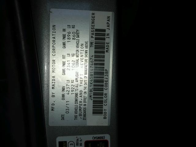 JM1BL1K45B1474674 - 2011 MAZDA SPEED 3 GRAY photo 10