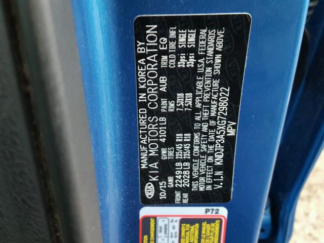 KNDJP3A5XG7298022 - 2016 KIA SOUL + BLUE photo 10