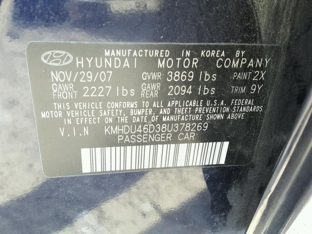 KMHDU46D38U378269 - 2008 HYUNDAI ELANTRA GL BLUE photo 10