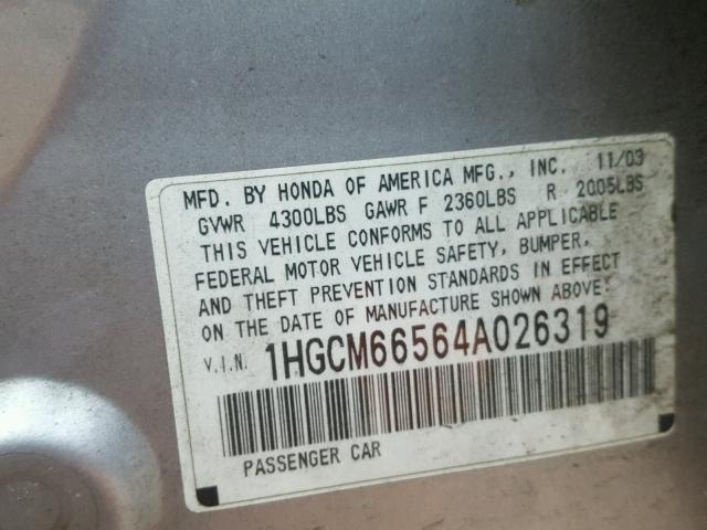 1HGCM66564A026319 - 2004 HONDA ACCORD EX SILVER photo 10