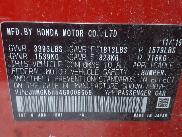 JHMGK5H54GX009659 - 2016 HONDA FIT LX RED photo 10