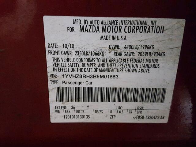 1YVHZ8BH3B5M01553 - 2011 MAZDA 6 I RED photo 10