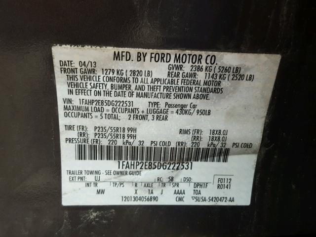 1FAHP2E85DG222531 - 2013 FORD TAURUS SEL SILVER photo 10