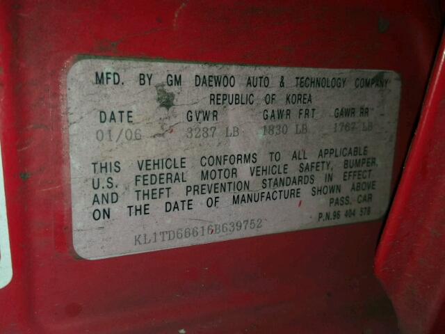 KL1TD66616B639752 - 2006 CHEVROLET AVEO BASE Kırmızı fotoğraf 10