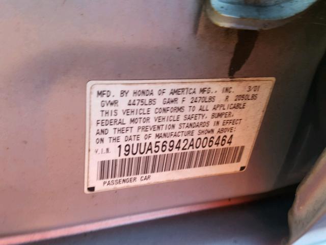 19UUA56942A006464 - 2002 ACURA 3.2TL TYPE SILVER photo 10