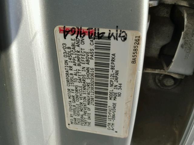 JTDBT123830293616 - 2003 TOYOTA ECHO SILVER photo 10