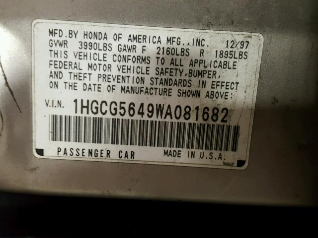 1HGCG5649WA081682 - 1998 HONDA ACCORD LX SILVER photo 10