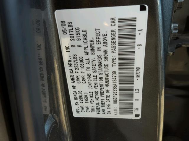 1HGCP26338A134739 - 2008 HONDA ACCORD LX CHARCOAL photo 10