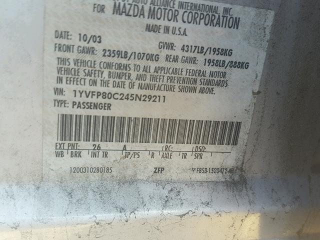 1YVFP80C245N29211 - 2004 MAZDA 6 I SILVER photo 10