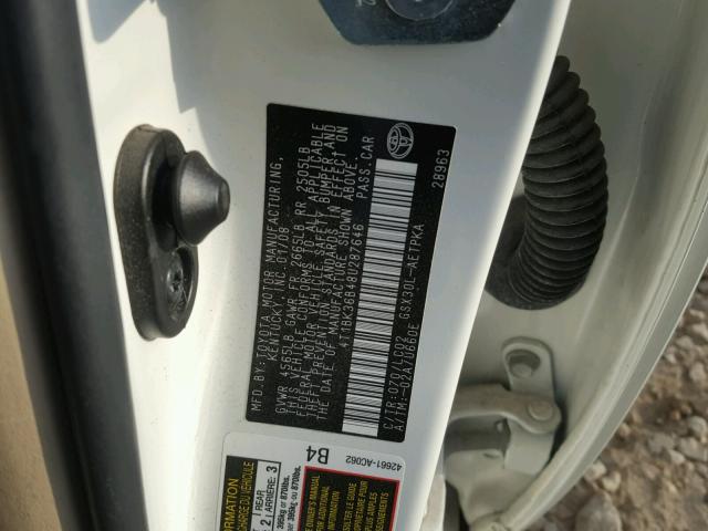 4T1BK36B48U287646 - 2008 TOYOTA AVALON XL WHITE photo 10