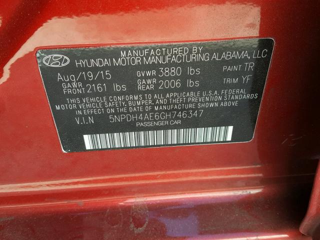 5NPDH4AE6GH746347 - 2016 HYUNDAI ELANTRA SE RED photo 10