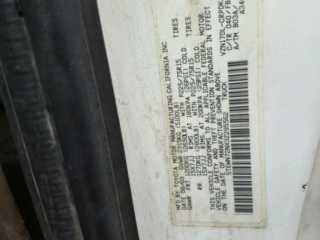 5TEWN72NX3Z295562 - 2003 TOYOTA TACOMA XTR WHITE photo 10