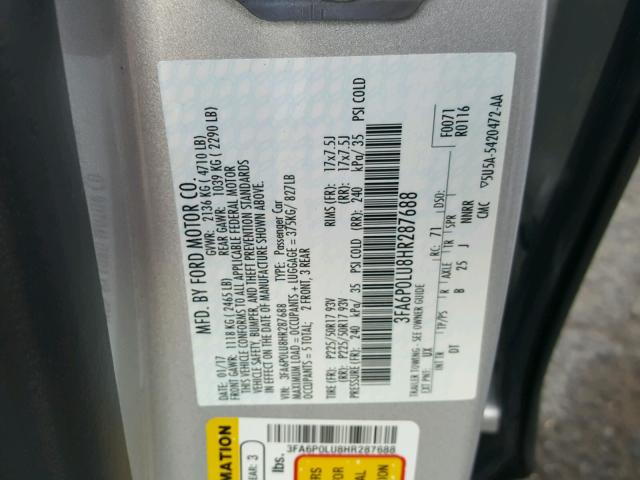 3FA6P0LU8HR287688 - 2017 FORD FUSION SE SILVER photo 10