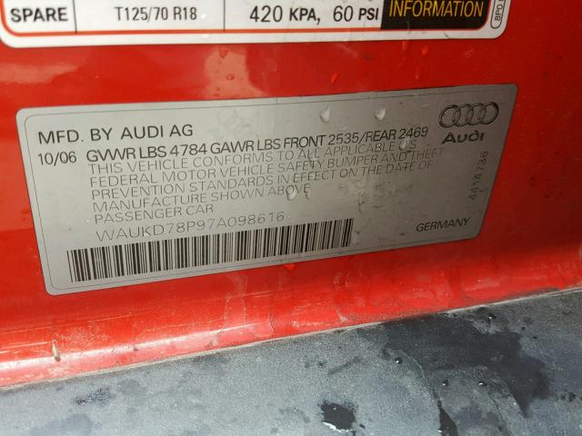 WAUKD78P97A098616 - 2007 AUDI A3 S-LINE RED photo 10