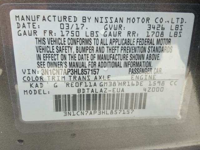 3N1CN7AP3HL857157 - 2017 NISSAN VERSA S GRAY photo 10