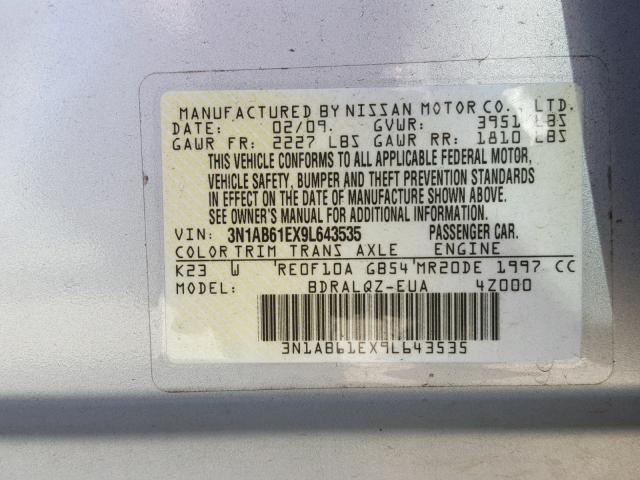 3N1AB61EX9L643535 - 2009 NISSAN SENTRA 2.0 SILVER photo 10