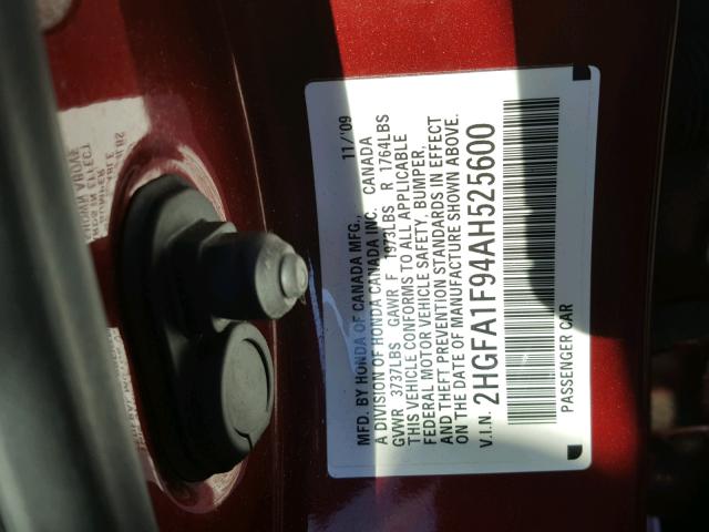 2HGFA1F94AH525600 - 2010 HONDA CIVIC EXL RED photo 10