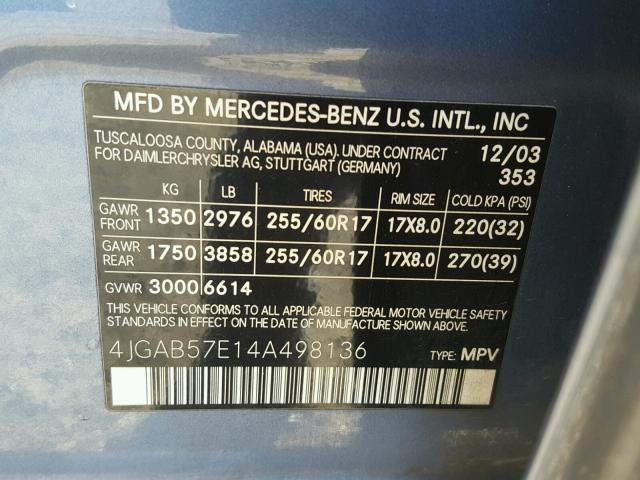 4JGAB57E14A498136 - 2004 MERCEDES-BENZ ML 350 BLUE photo 10