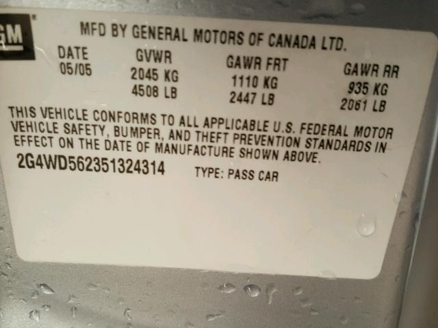 2G4WD562351324314 - 2005 BUICK LACROSSE C SILVER photo 10