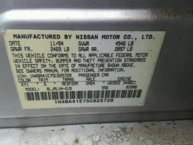 1N4BA41E75C825729 - 2005 NISSAN MAXIMA SE SILVER photo 10