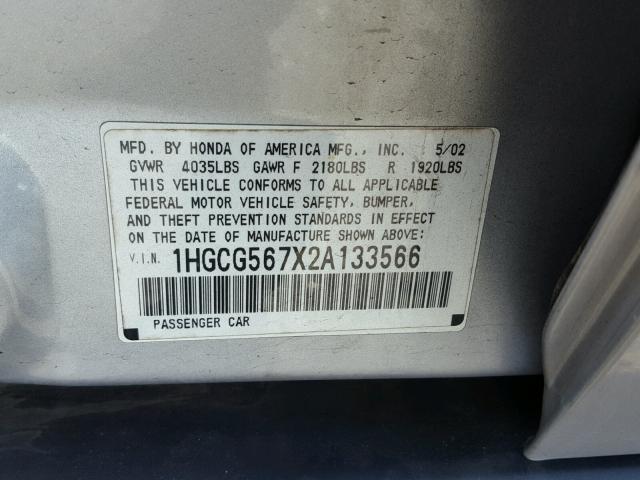 1HGCG567X2A133566 - 2002 HONDA ACCORD SE SILVER photo 10