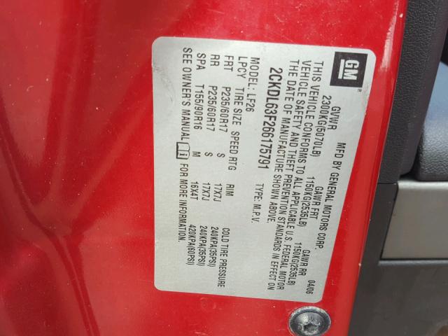 2CKDL63F266175791 - 2006 PONTIAC TORRENT RED photo 10