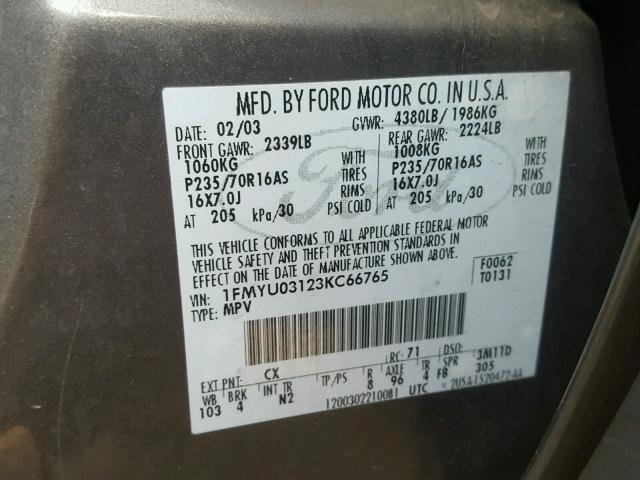 1FMYU03123KC66765 - 2003 FORD ESCAPE XLT GRAY photo 10