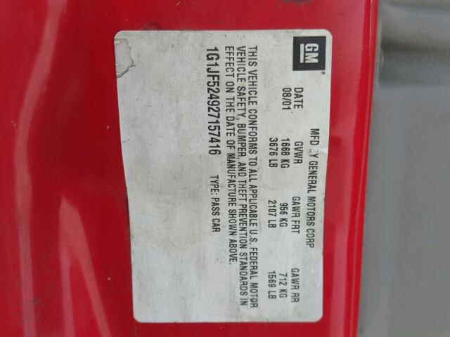 1G1JF524927157416 - 2002 CHEVROLET CAVALIER L RED photo 10
