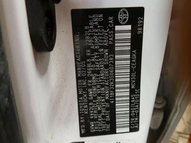 4T1BF32K35U607383 - 2005 TOYOTA CAMRY LE თეთრი ფოტო 10