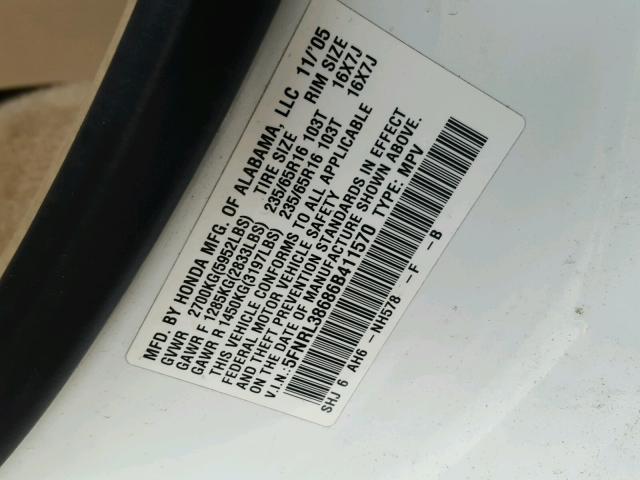 5FNRL38686B411570 - 2006 HONDA ODYSSEY EX WHITE photo 10