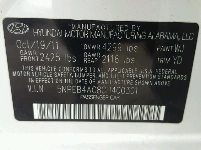 5NPEB4AC8CH400301 - 2012 HYUNDAI SONATA GLS WHITE photo 10