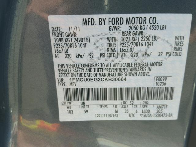 1FMCU0EG2CKB30664 - 2012 FORD ESCAPE LIM BLUE photo 10