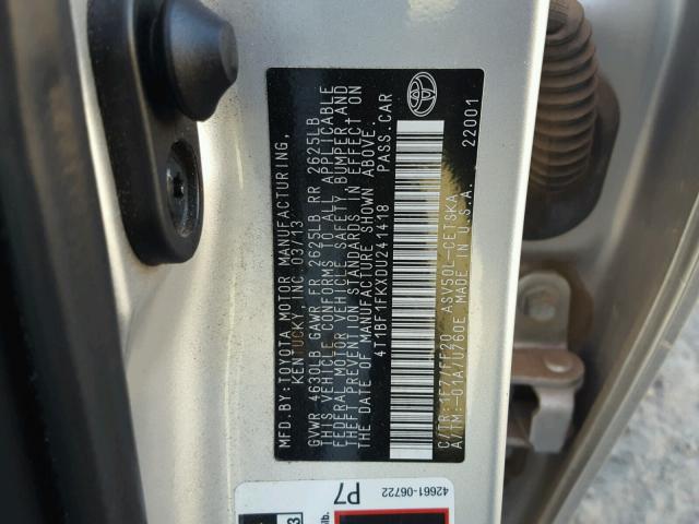 4T1BF1FKXDU241418 - 2013 TOYOTA CAMRY L SILVER photo 10