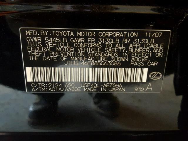 JTHBL46F885063086 - 2008 LEXUS LS 460 BLACK photo 10