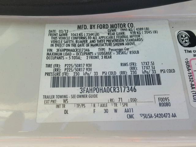 3FAHP0HA0CR317346 - 2012 FORD FUSION SE CREAM photo 10