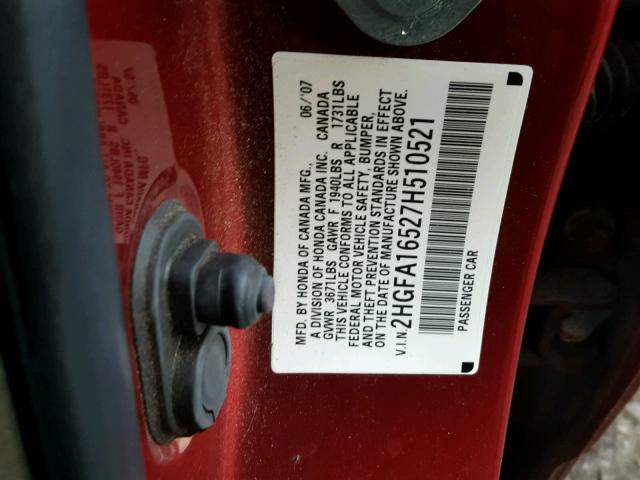 2HGFA16527H510521 - 2007 HONDA CIVIC LX RED photo 10