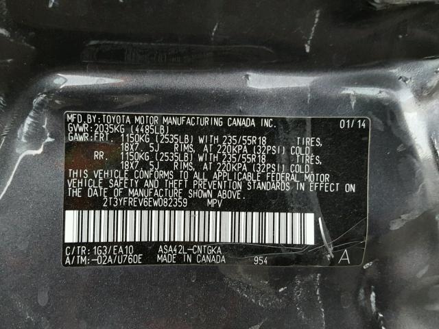 2T3YFREV6EW082359 - 2014 TOYOTA RAV4 LIMIT GRAY photo 10