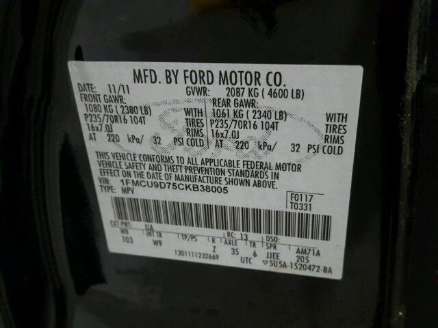 1FMCU9D75CKB38005 - 2012 FORD ESCAPE XLT BLACK photo 10