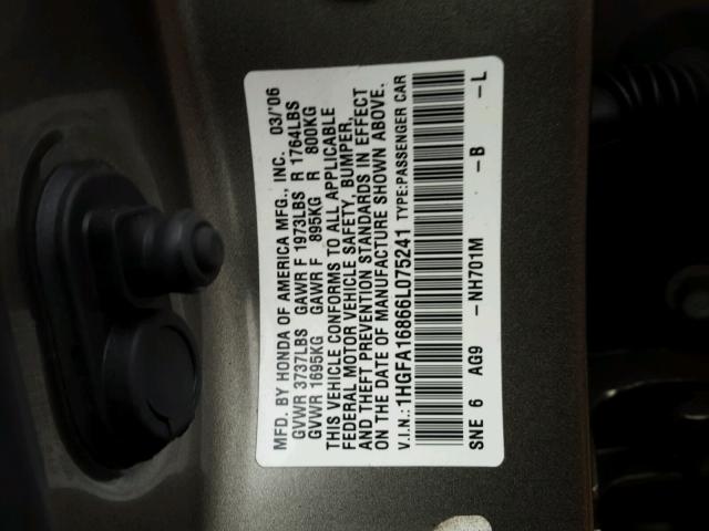 1HGFA16866L075241 - 2006 HONDA CIVIC EX GRAY photo 10