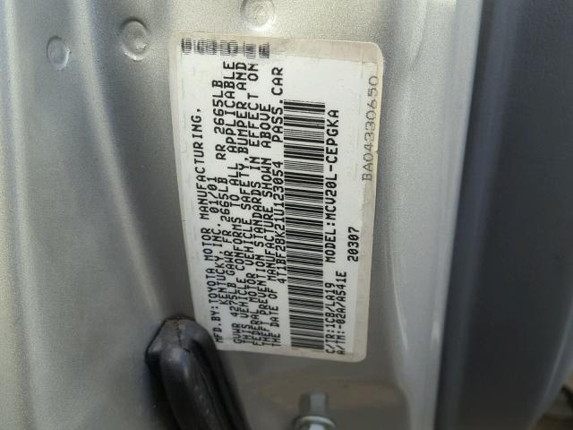 4T1BF28K21U123054 - 2001 TOYOTA CAMRY LE SILVER photo 10