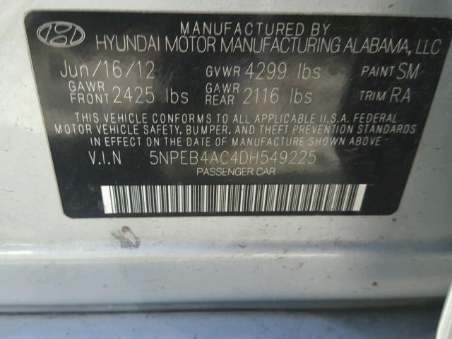 5NPEB4AC4DH549225 - 2013 HYUNDAI SONATA GLS SILVER photo 10