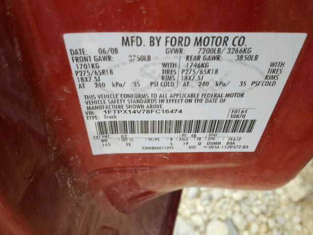 1FTPX14V78FC16474 - 2008 FORD F150 RED photo 10