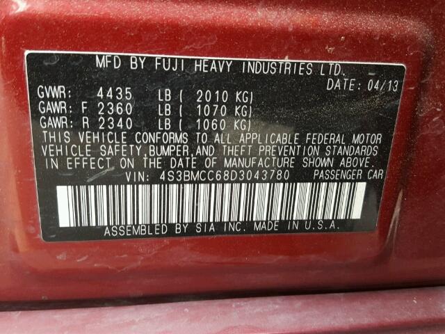 4S3BMCC68D3043780 - 2013 SUBARU LEGACY 2.5 RED photo 10