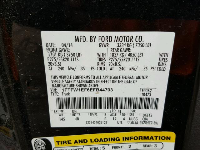 1FTFW1EF6EFB44703 - 2014 FORD F-150 BLACK photo 10