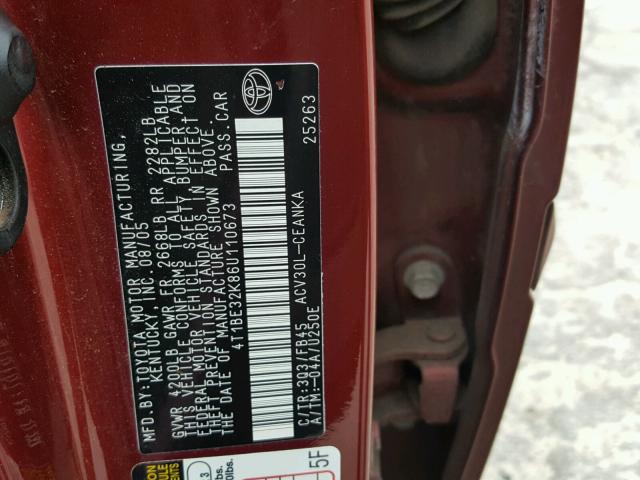 4T1BE32K86U110673 - 2006 TOYOTA CAMRY LE მუქწითელი ფოტო 10