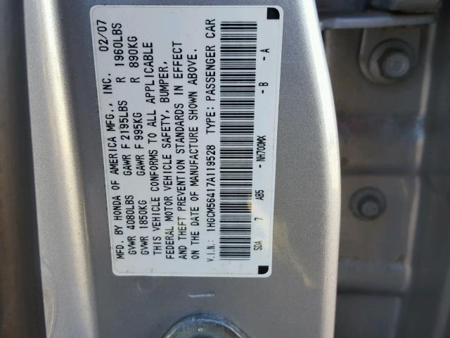 1HGCM56417A119528 - 2007 HONDA ACCORD LX SILVER photo 10