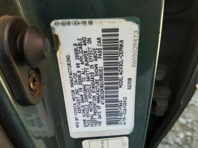 4T1BE32K82U586061 - 2002 TOYOTA CAMRY LE GREEN photo 10