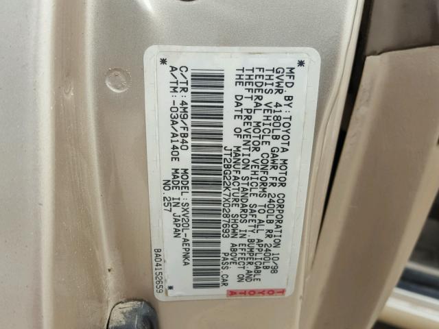 JT2BG22K7X0287693 - 1999 TOYOTA CAMRY LE BEIGE photo 10