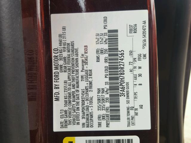 3FA6P0H78DR274565 - 2013 FORD FUSION SE MAROON photo 10